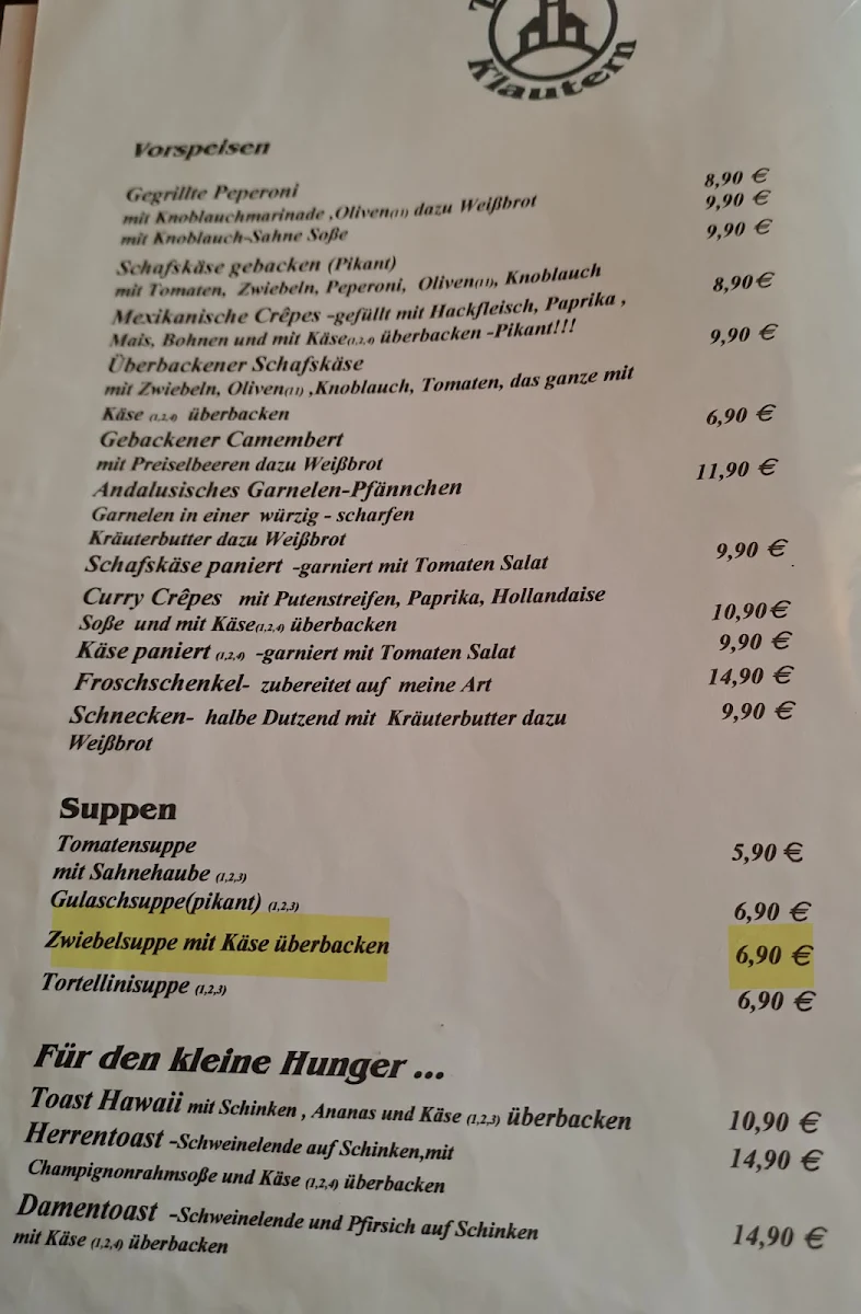Speisekarte, Restaurant Steakhaus Zur Burg