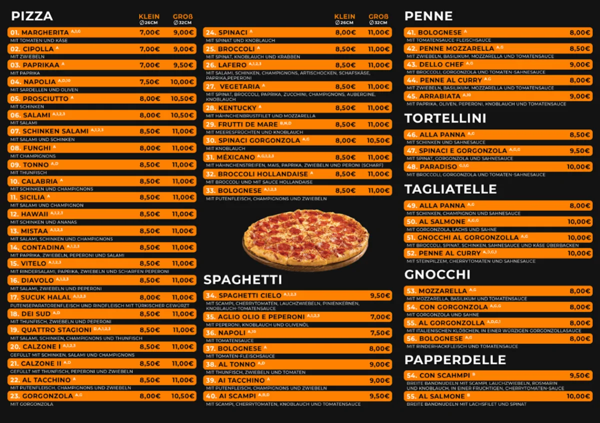 Speisekarte, Pizza cielo