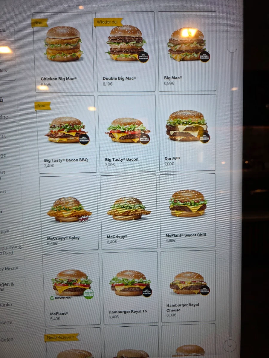 Speisekarte, McDonald's
