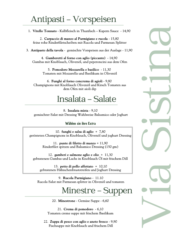 Speisekarte, Ristorante Via Sistina