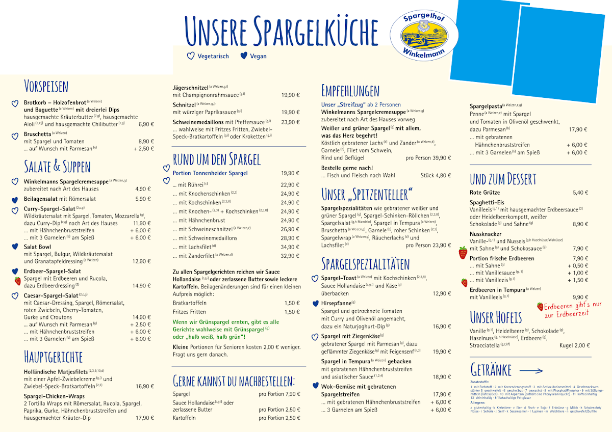 Speisekarte, Spargeldiele auf dem Spargelhof Winkelmann