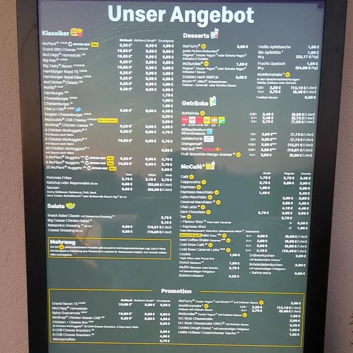 Speisekarte, McDonald's