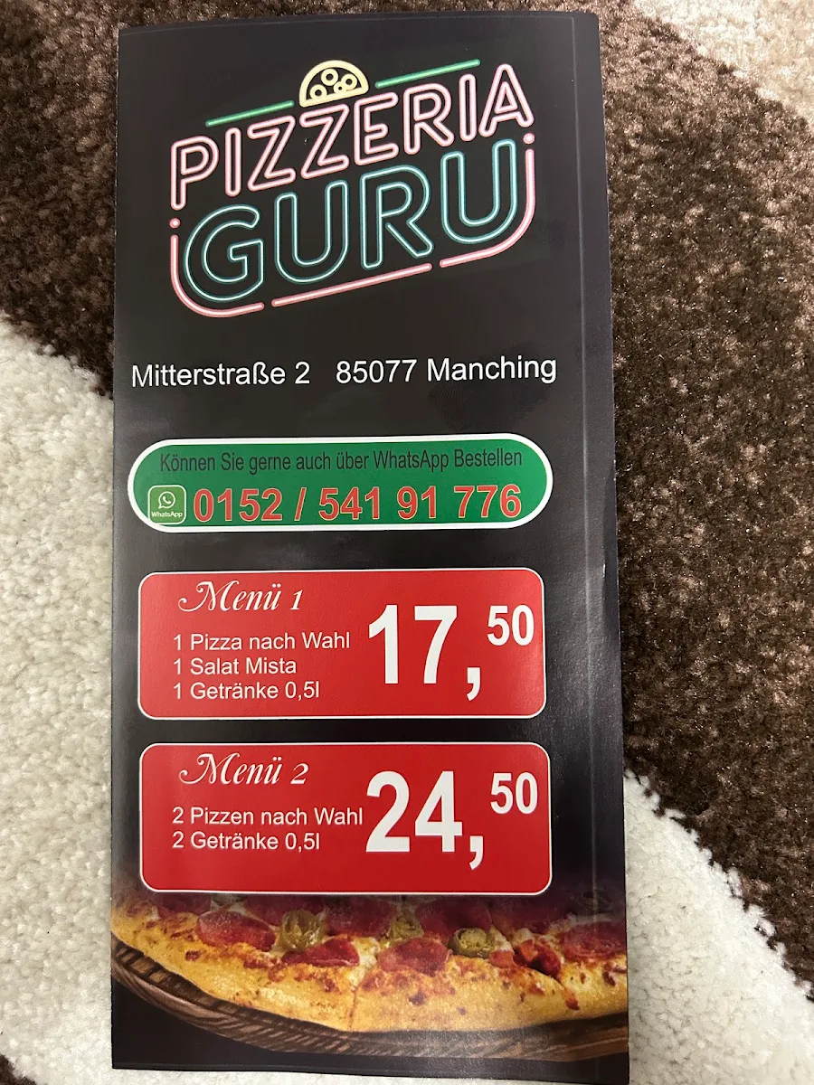 Speisekarte, Pizzeria Guru