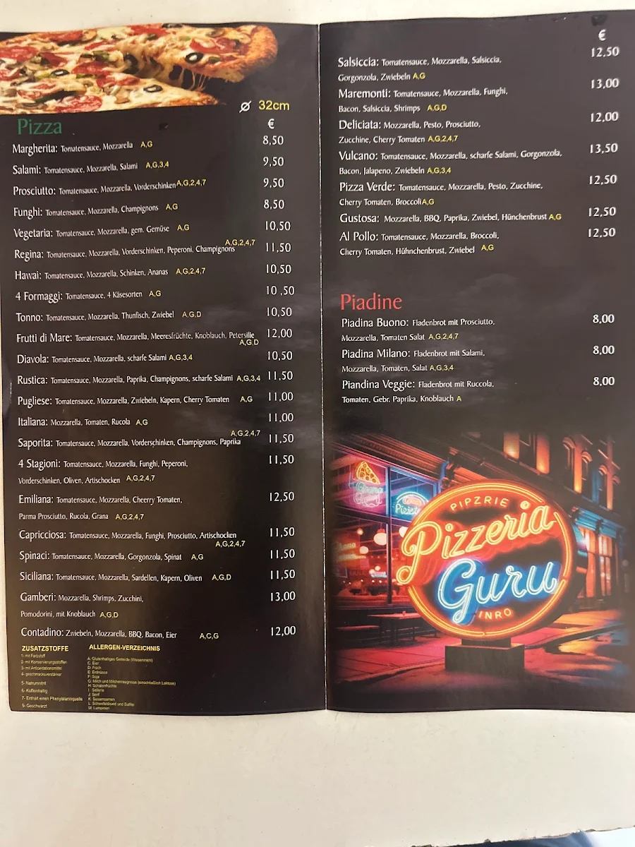 Speisekarte, Pizzeria Guru