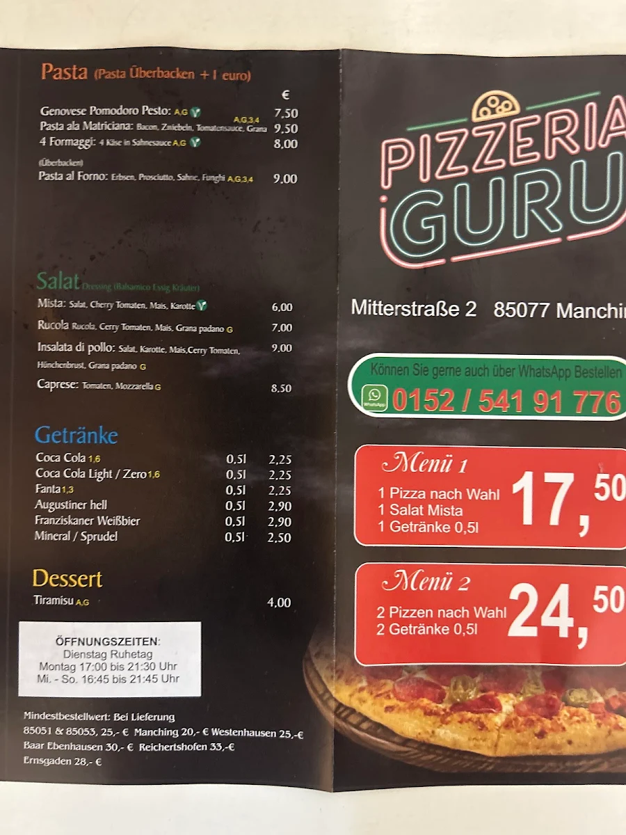 Speisekarte, Pizzeria Guru