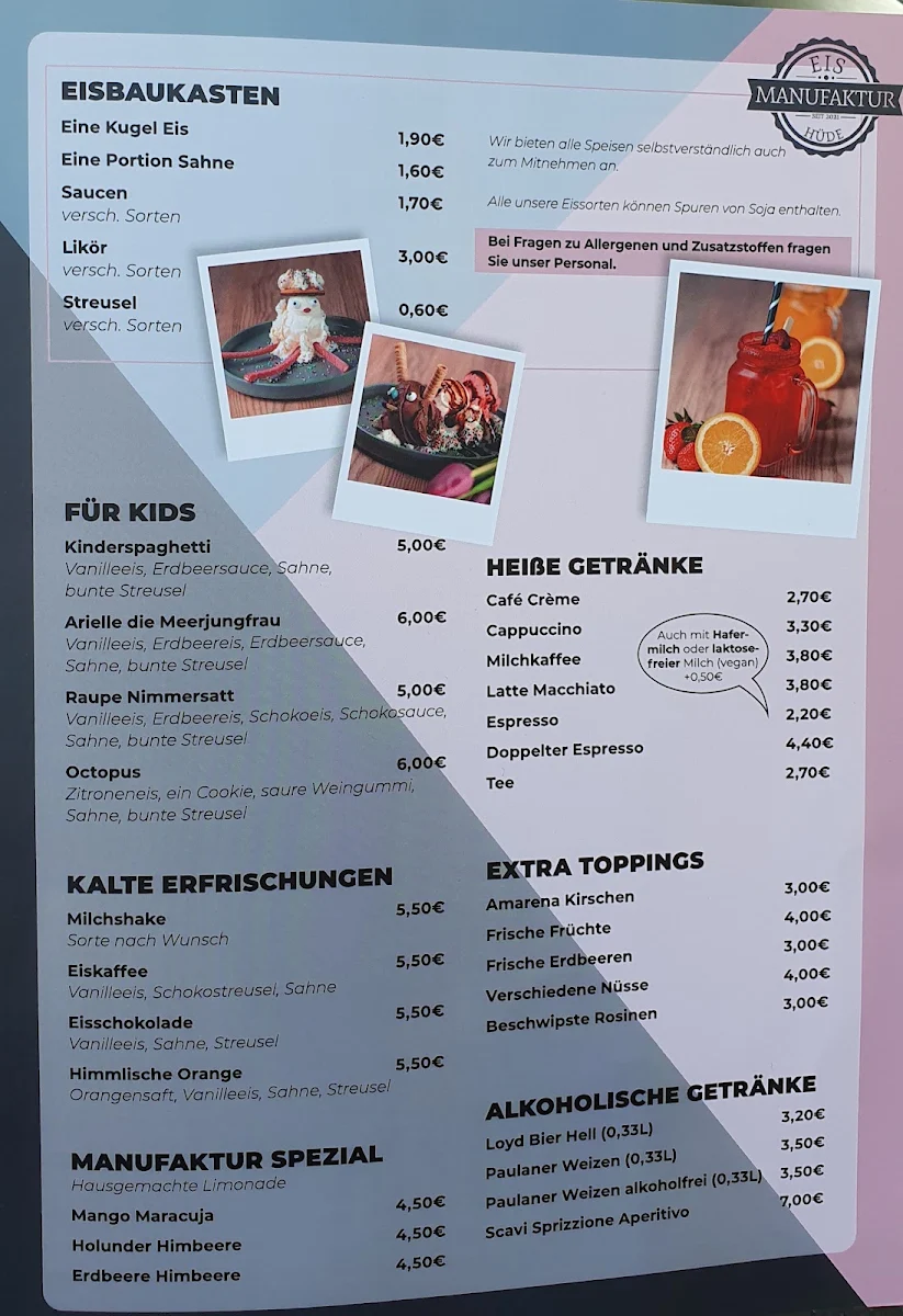 Speisekarte, Eis Manufaktur Hüde