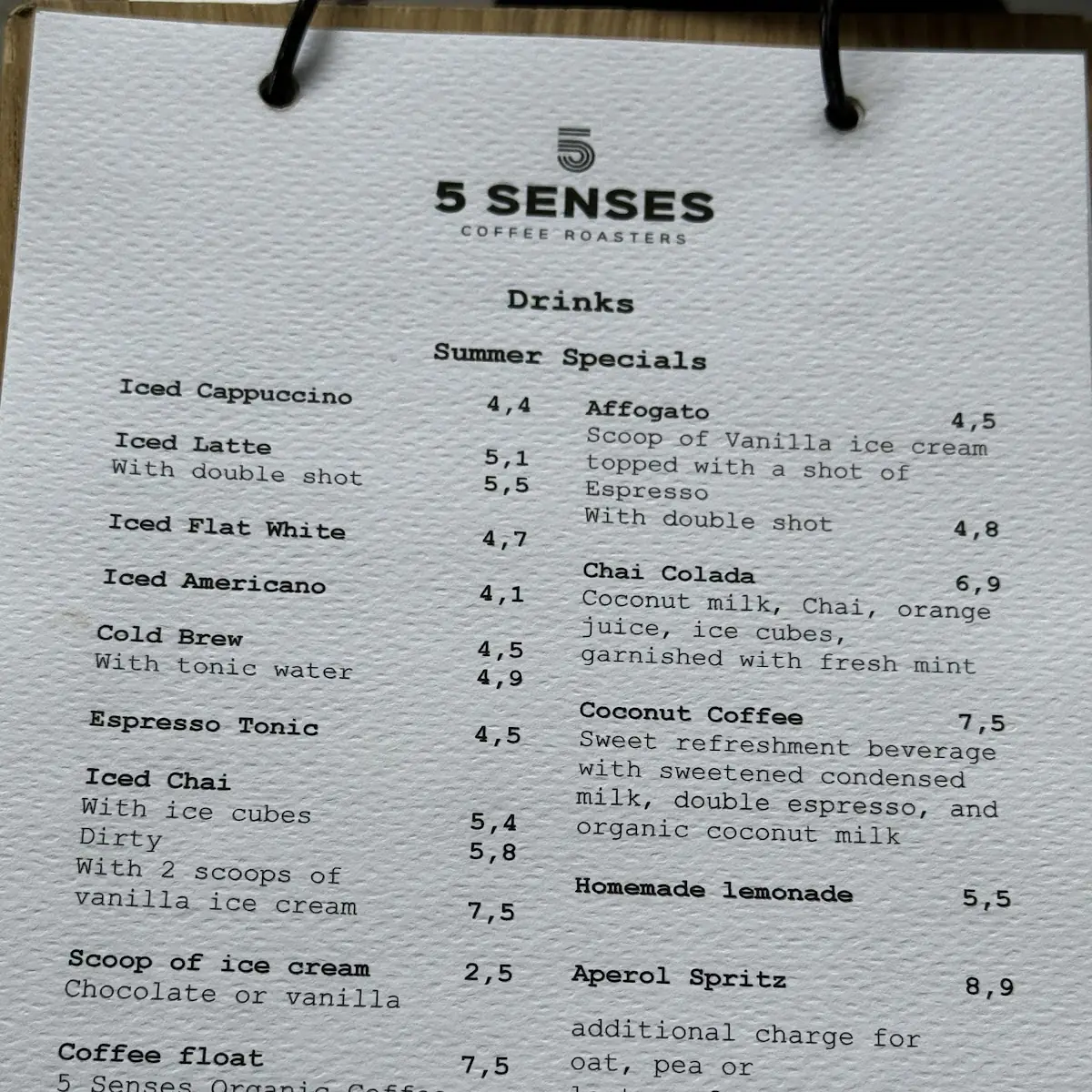 Speisekarte, 5 Senses Coffee