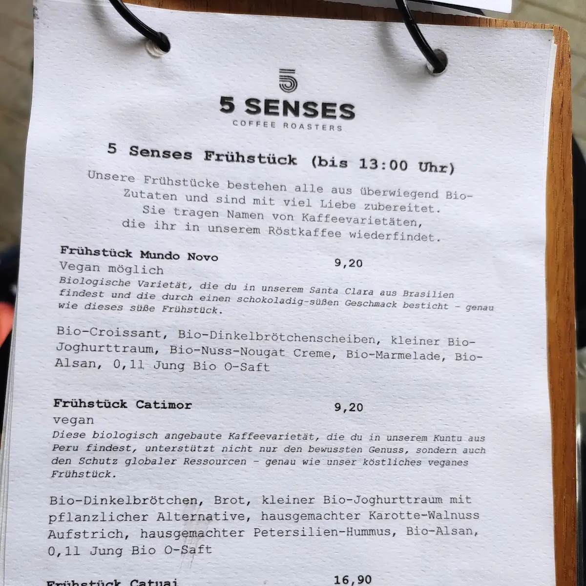 Speisekarte, 5 Senses Coffee