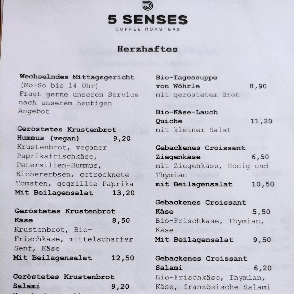 Speisekarte, 5 Senses Coffee