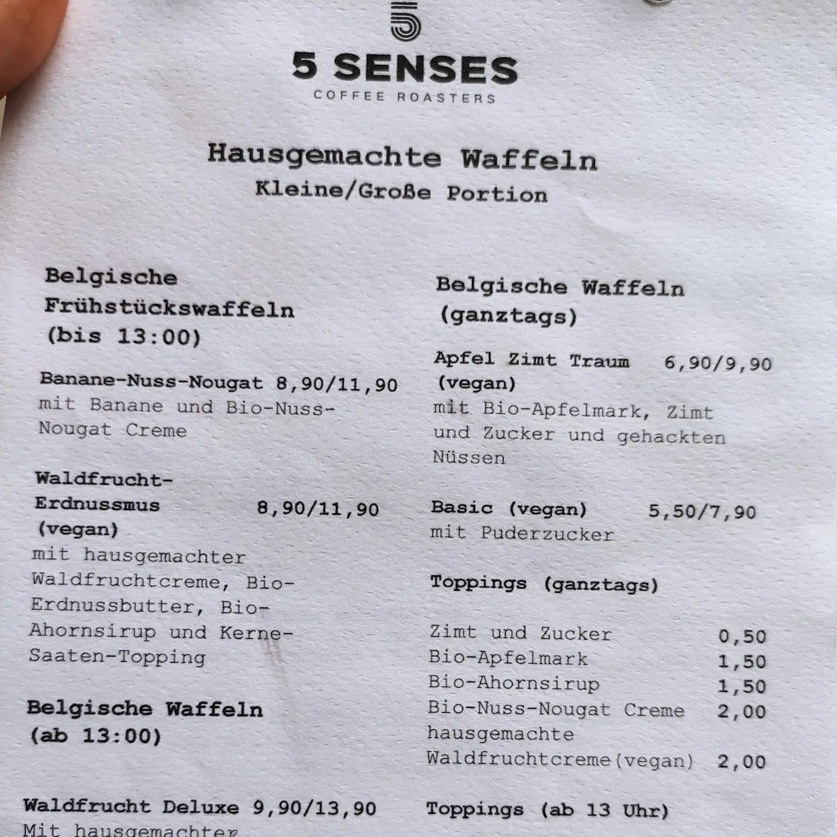 Speisekarte, 5 Senses Coffee