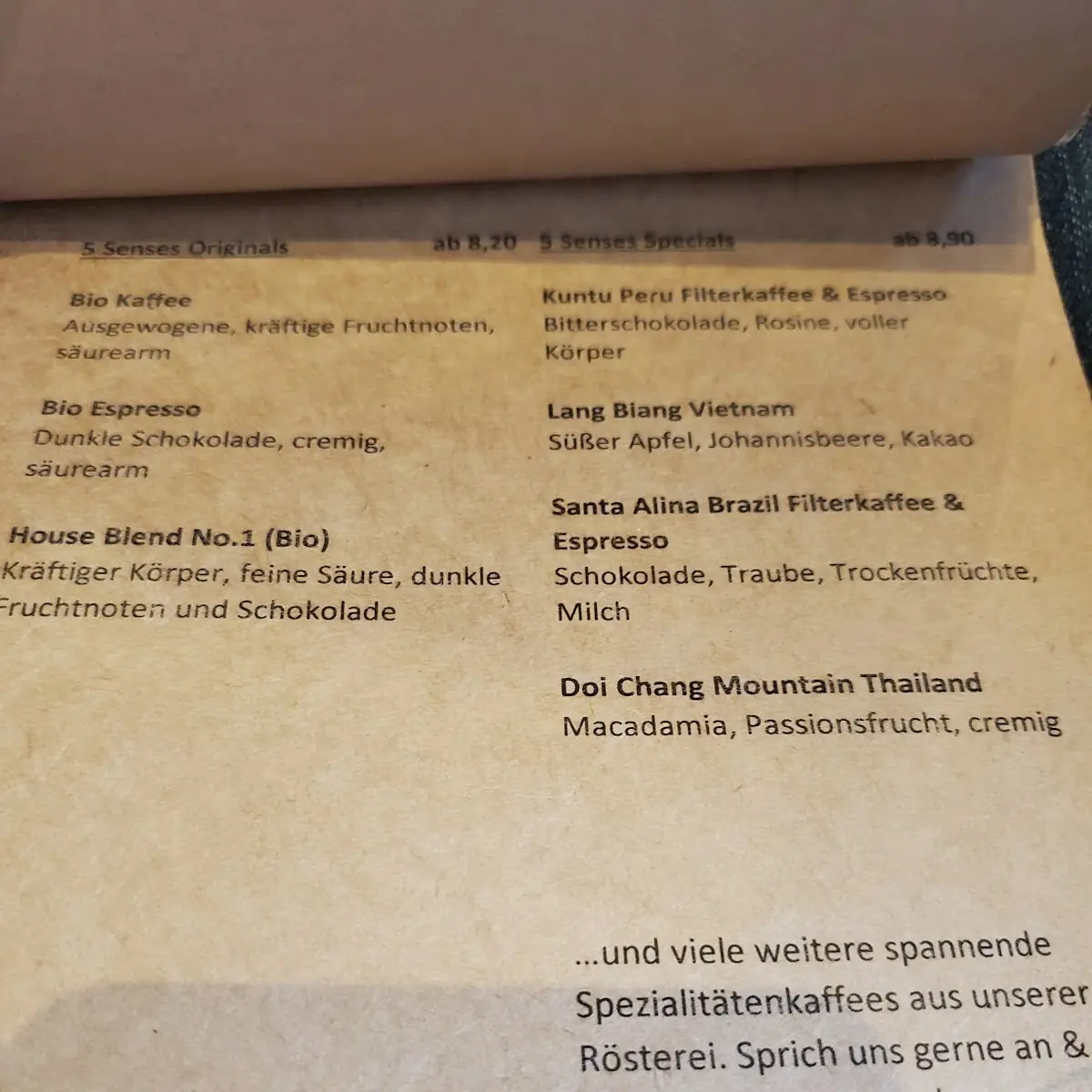 Speisekarte, 5 Senses Coffee