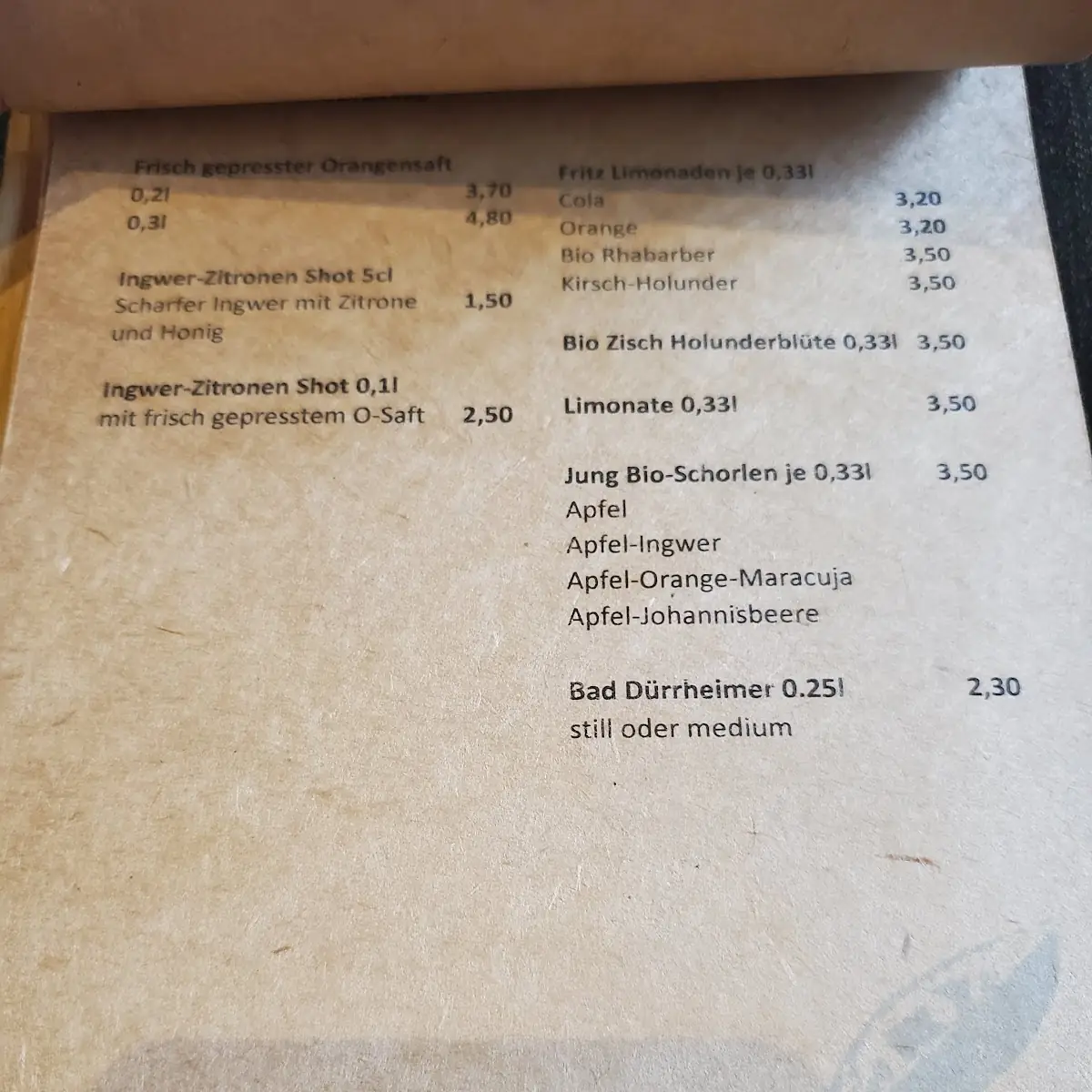 Speisekarte, 5 Senses Coffee