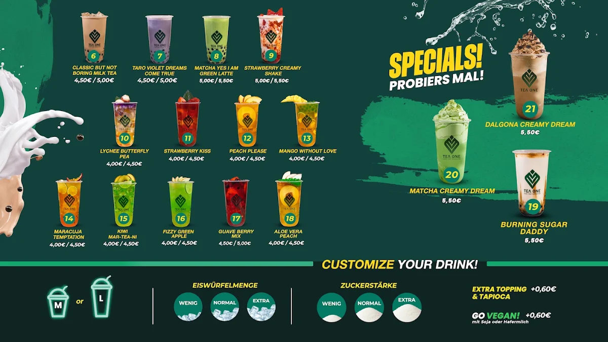 Speisekarte, Tea One in Skyline Plaza