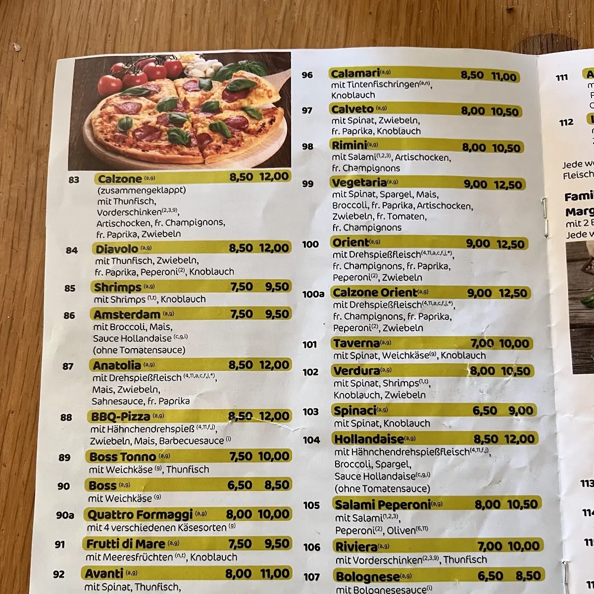 Speisekarte, Pizzeria Lara