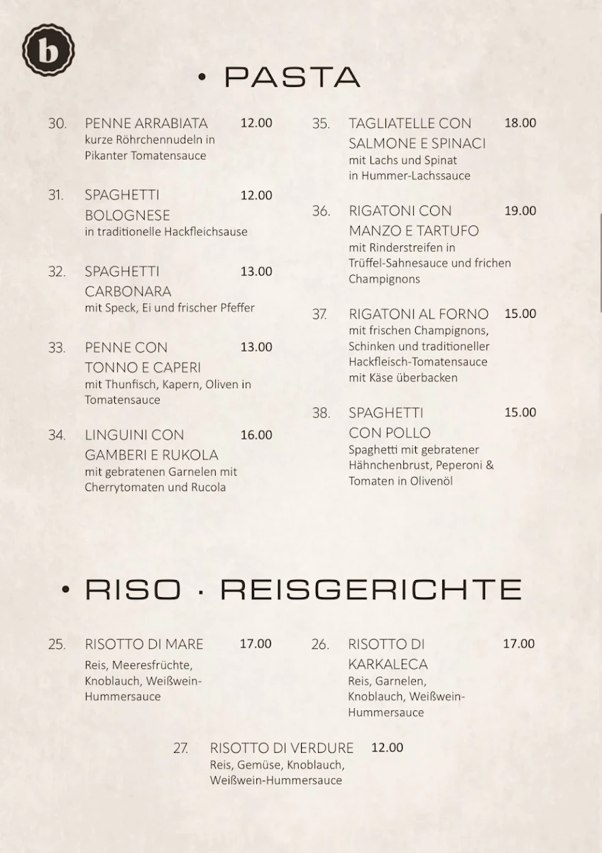 Speisekarte, Restaurant Bella