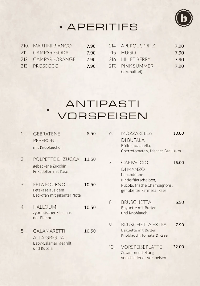 Speisekarte, Restaurant Bella