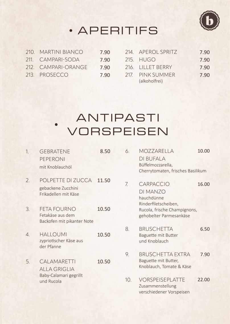 Speisekarte, Restaurant Bella