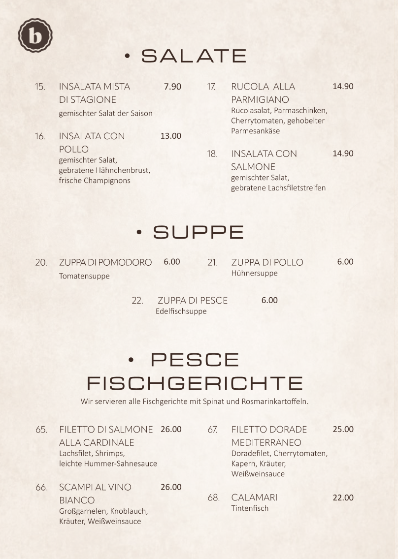 Speisekarte, Restaurant Bella