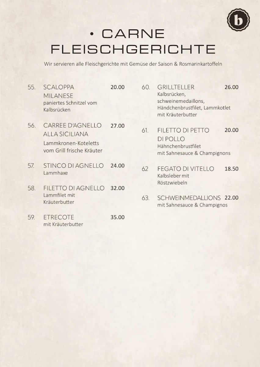 Speisekarte, Restaurant Bella