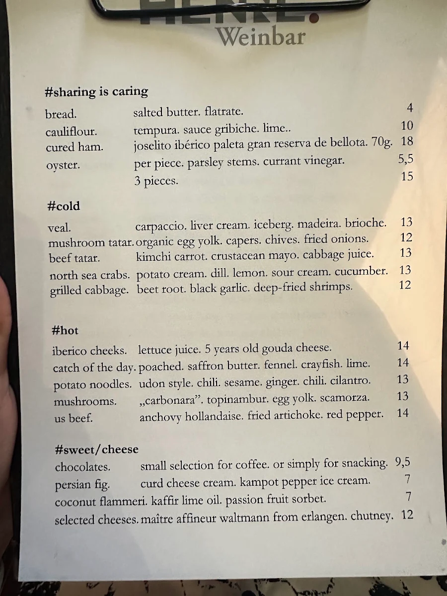 Speisekarte, HENNE. Weinbar