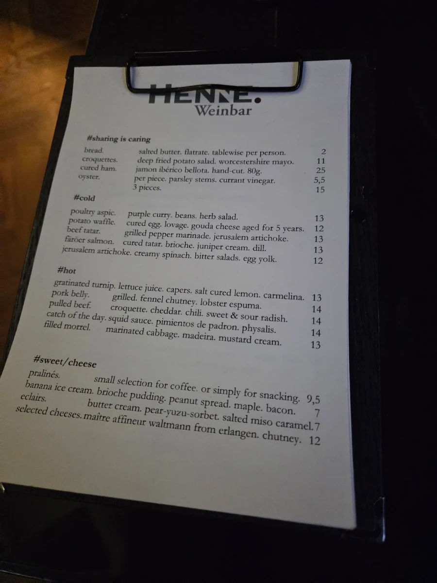 Speisekarte, HENNE. Weinbar
