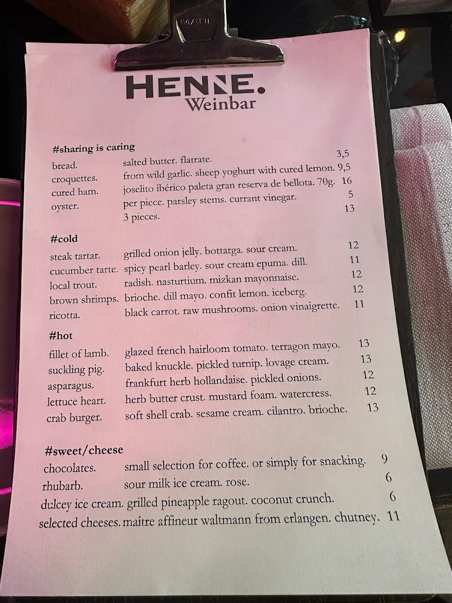 Speisekarte, HENNE. Weinbar
