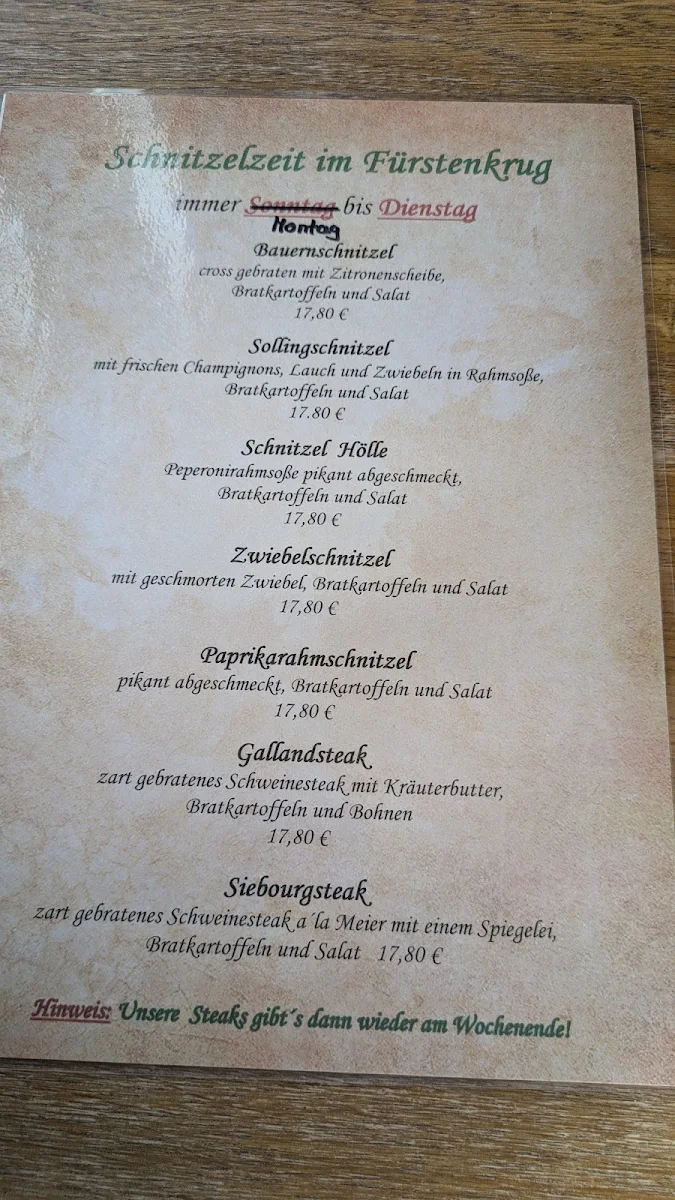 Speisekarte, Zum Fürstenkrug