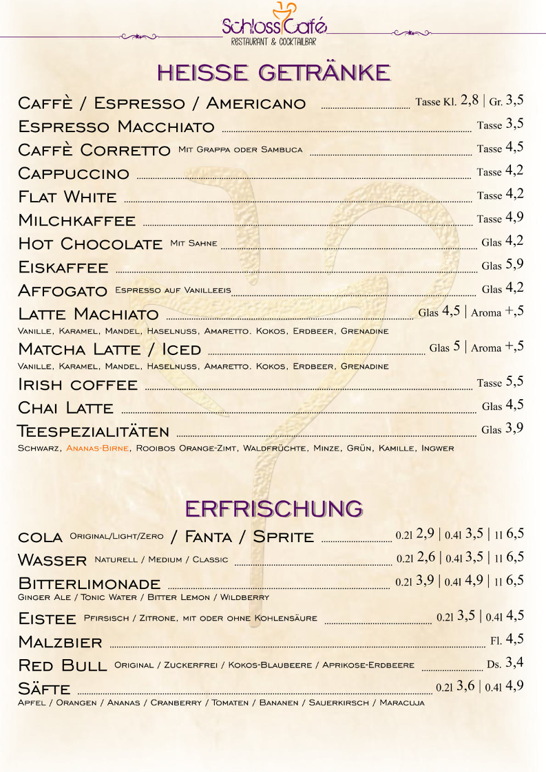 Speisekarte, Schloss Café | Trattoria, Restaurant & Cocktailbar