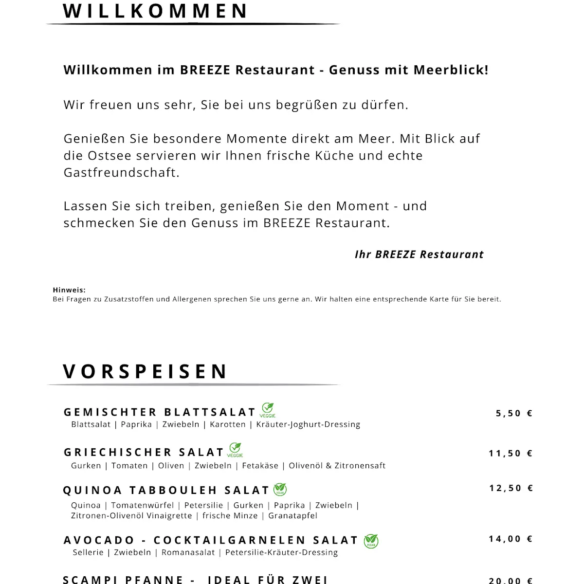 Speisekarte, BREEZE Restaurant Bliesdorf