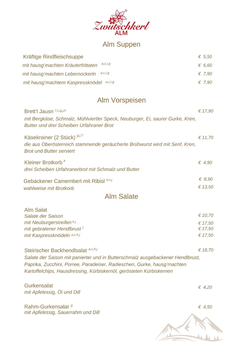 Speisekarte, Zwutschkerl Alm, original östereichische Schmankerl