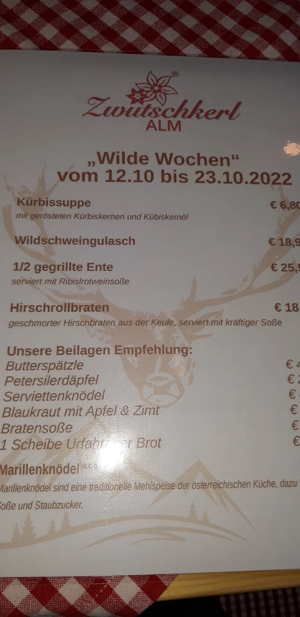 Speisekarte, Zwutschkerl Alm, original östereichische Schmankerl