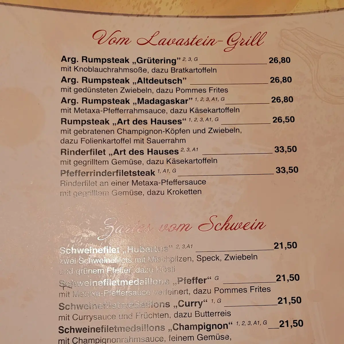 Speisekarte, Restaurant Grütering