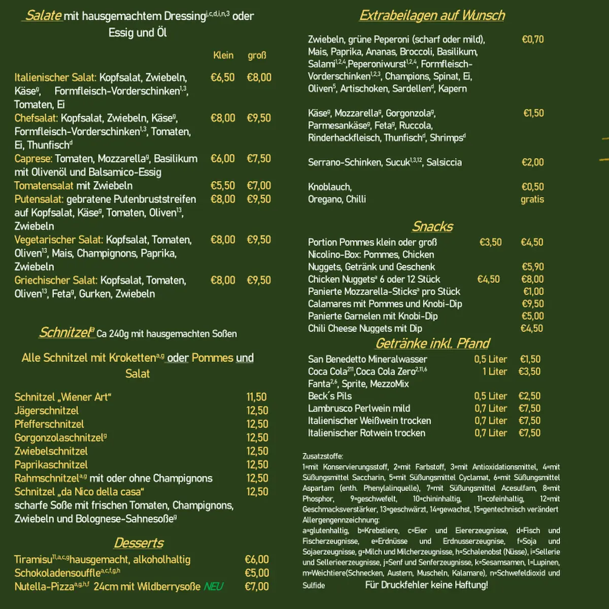Speisekarte, Pizzeria Da Nico