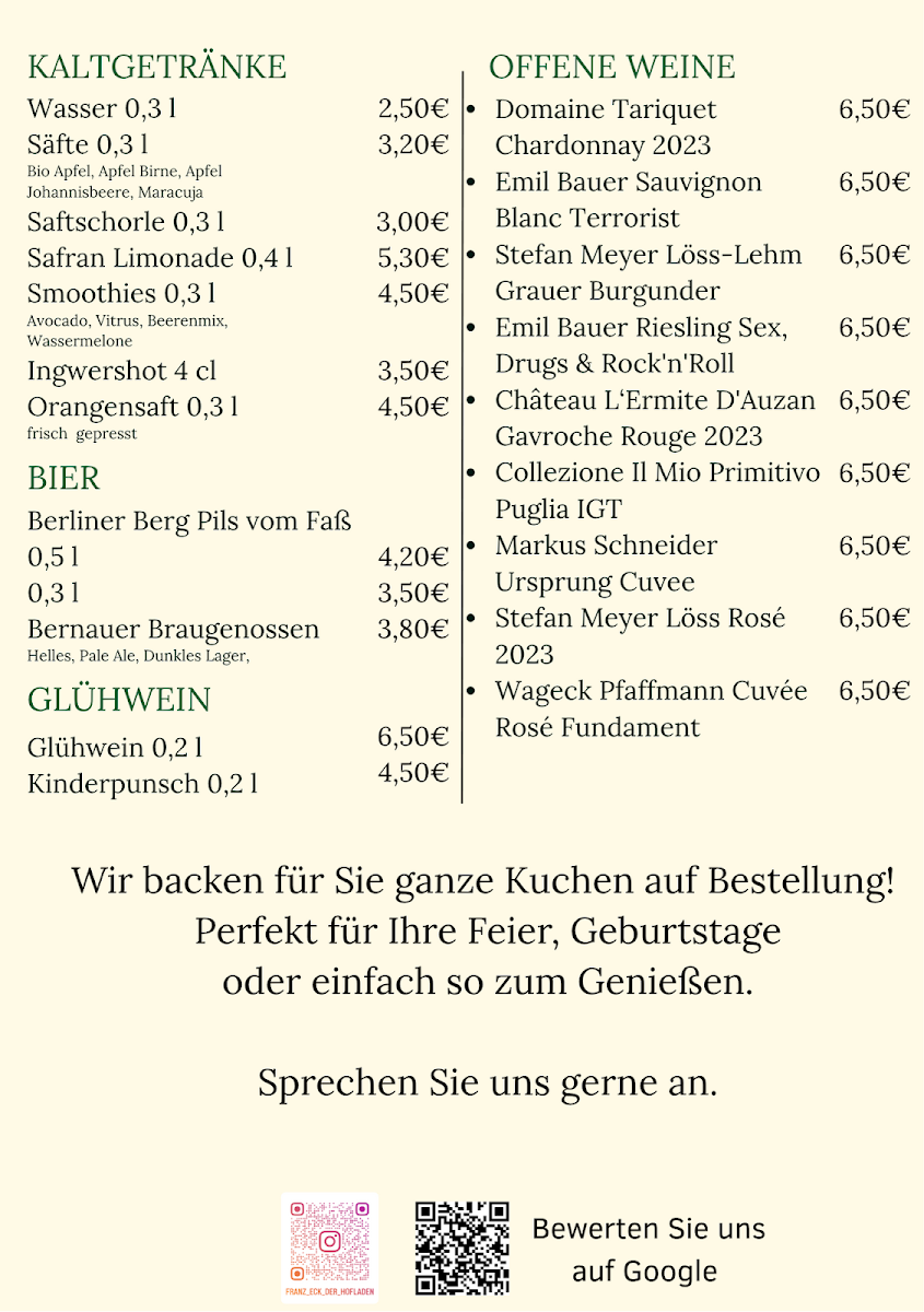Speisekarte, Franz Eck - Hofladen & Café
