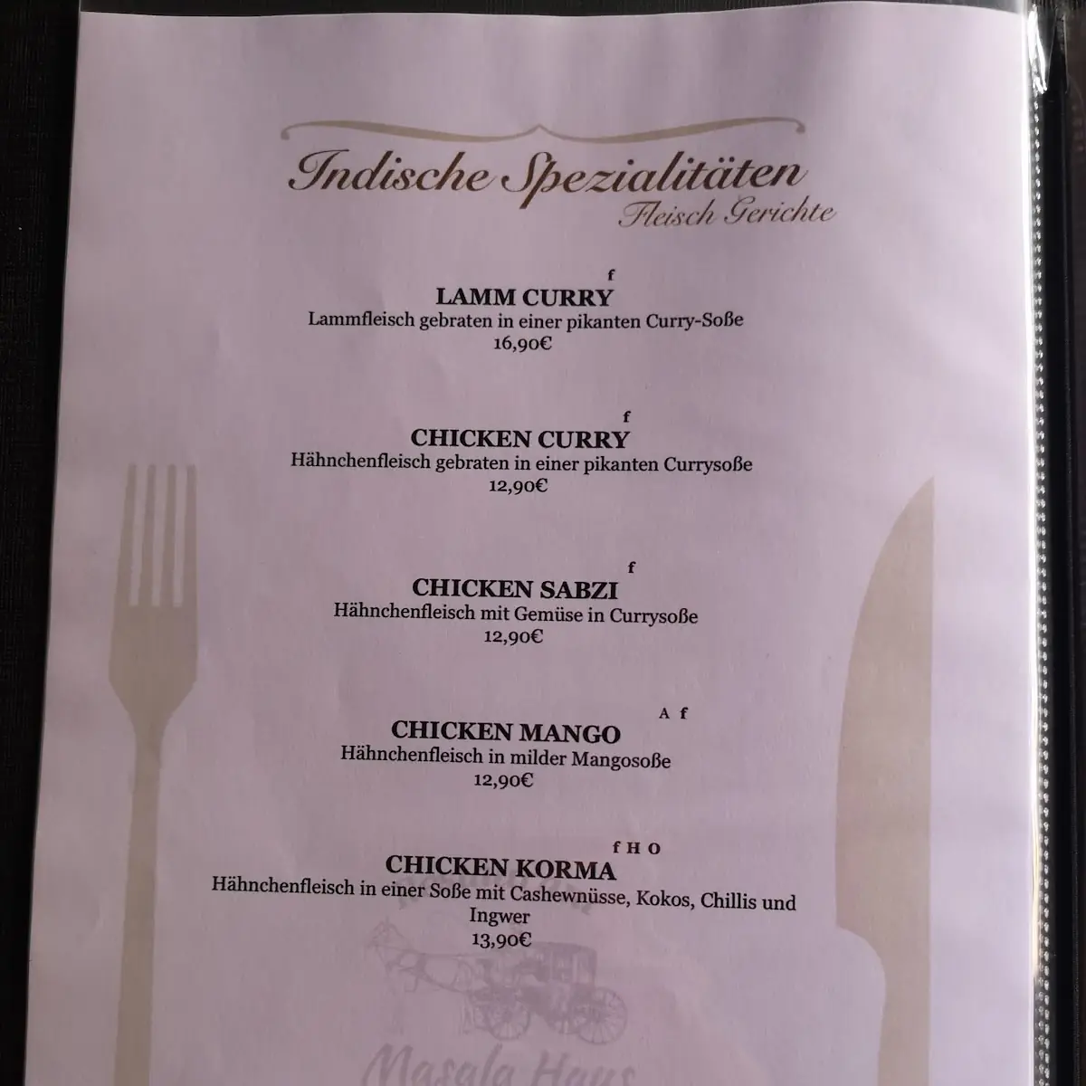 Speisekarte, Masala Haus zur Post