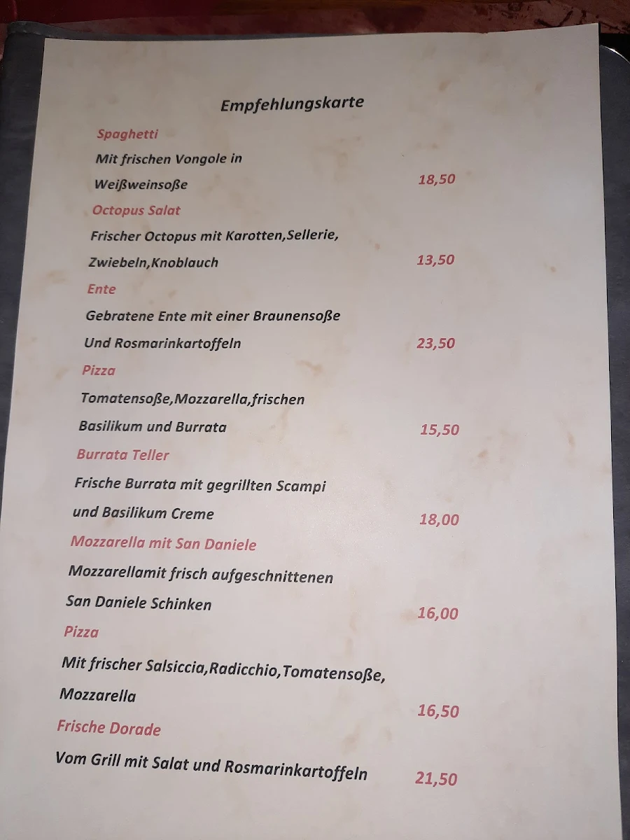 Speisekarte, Ristorante Pizzeria Pane Vino