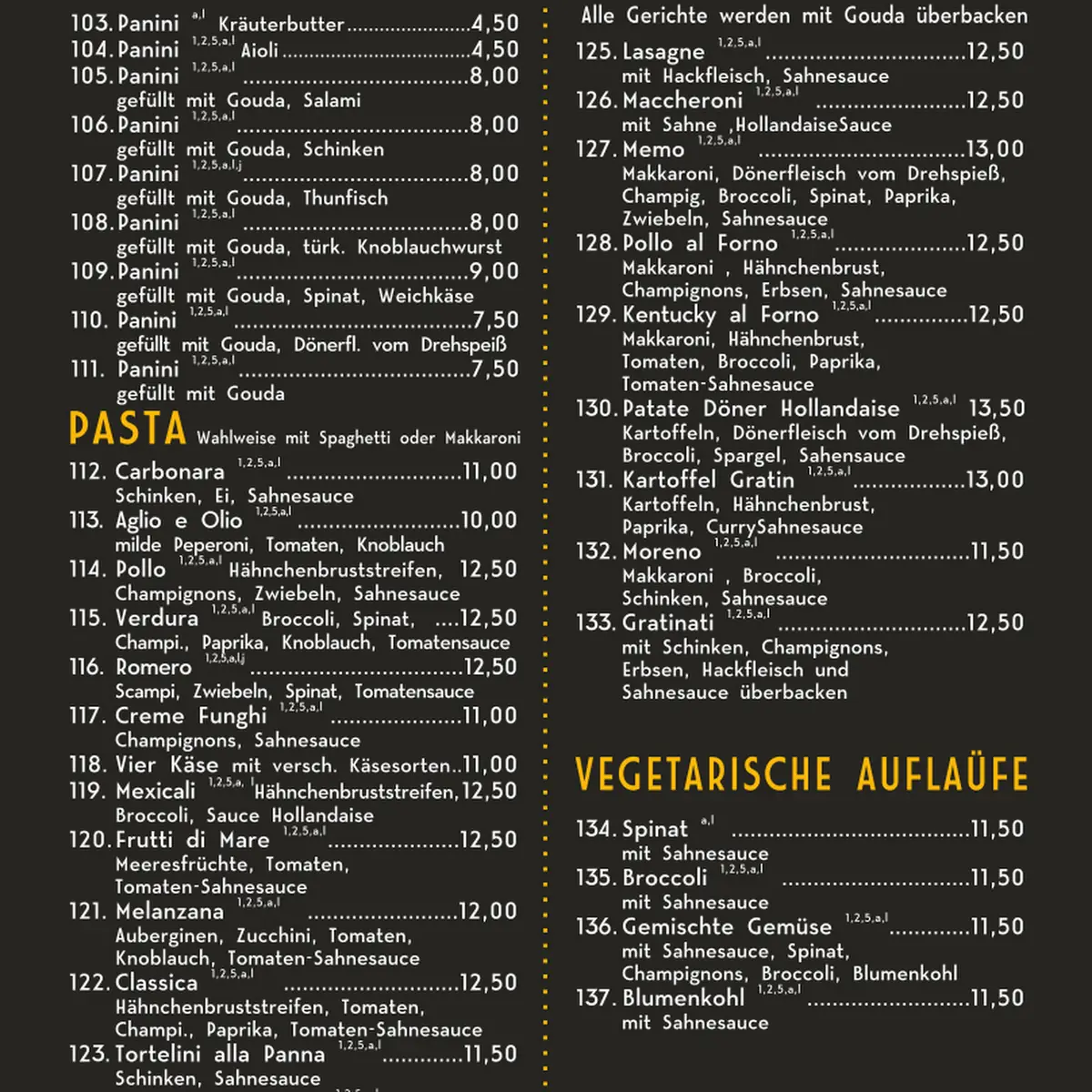 Speisekarte, 4 Mahlzeiten Restaurant