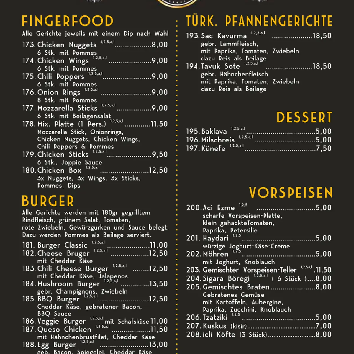 Speisekarte, 4 Mahlzeiten Restaurant