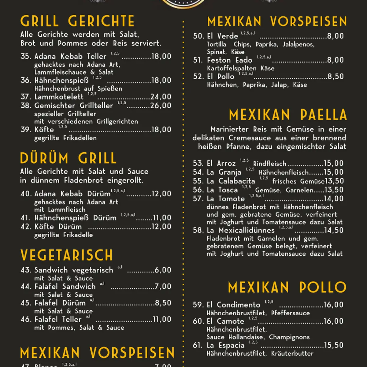 Speisekarte, 4 Mahlzeiten Restaurant