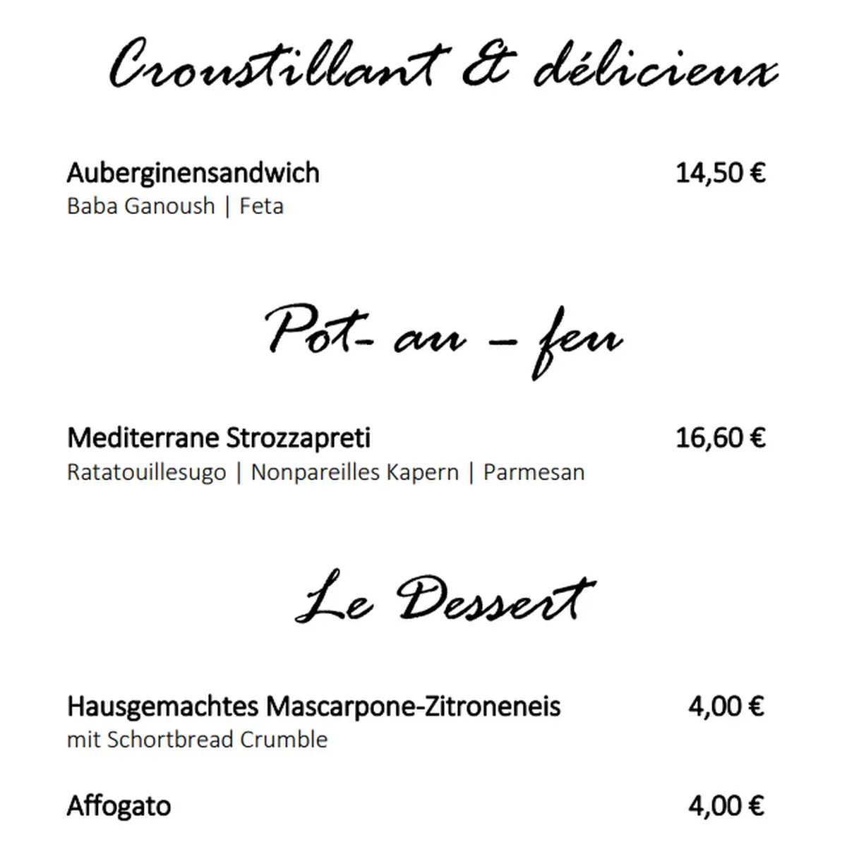 Speisekarte, Kultur Bistro