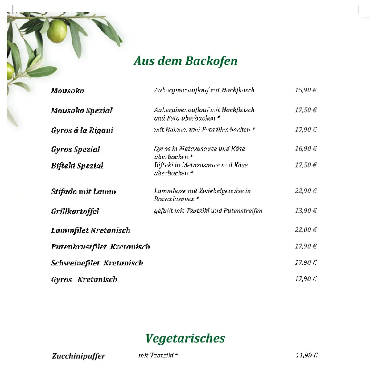 Speisekarte, Taverne Rigani