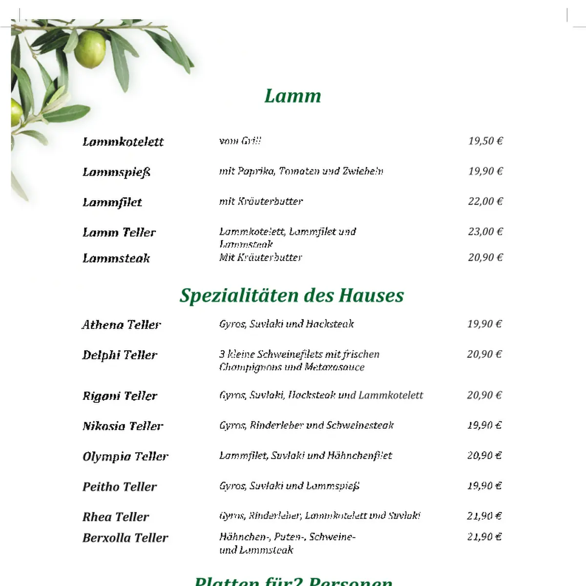 Speisekarte, Taverne Rigani