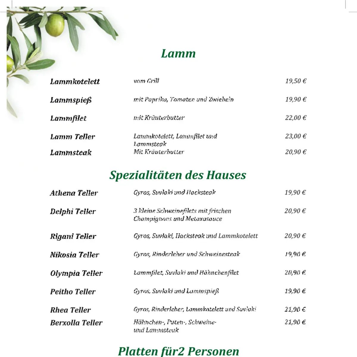 Speisekarte, Taverne Rigani