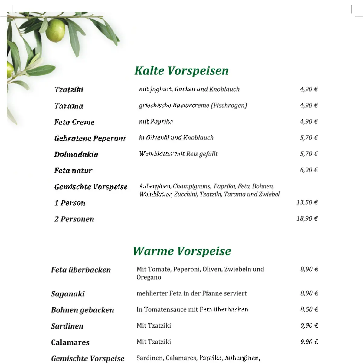 Speisekarte, Taverne Rigani