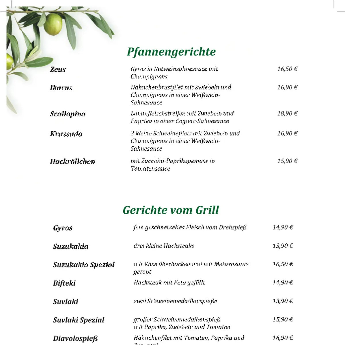Speisekarte, Taverne Rigani