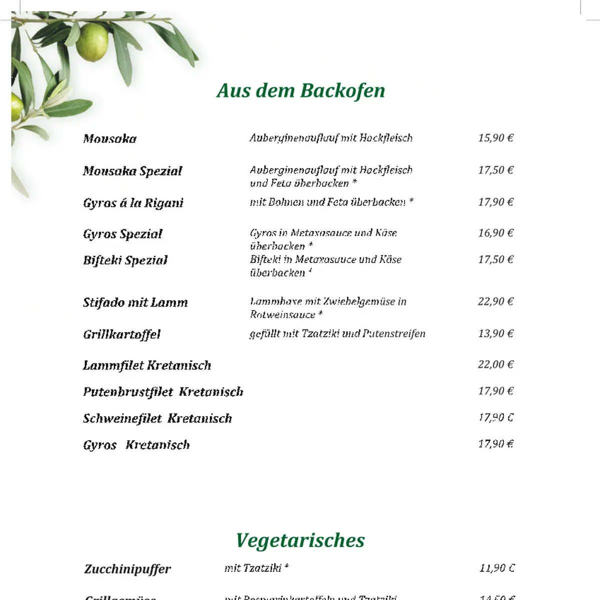 Speisekarte, Taverne Rigani