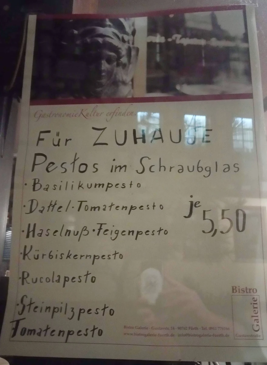 Speisekarte, Bistro Galerie Fürth