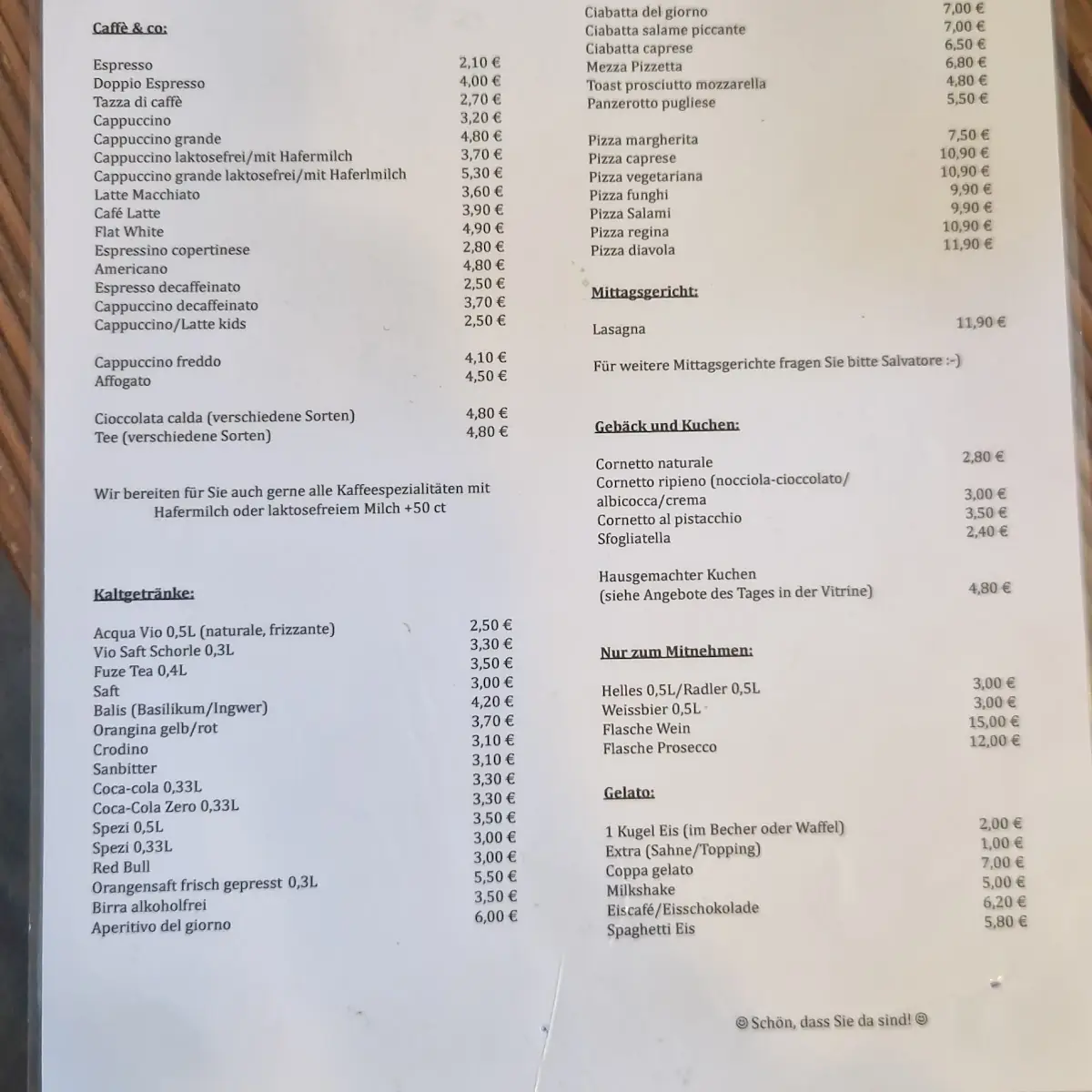 Speisekarte, La Caffettiera