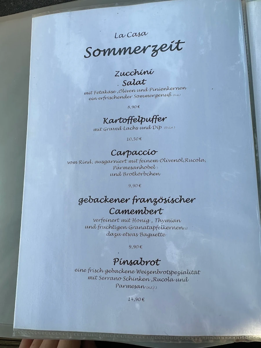 Speisekarte, Restaurant La Casa