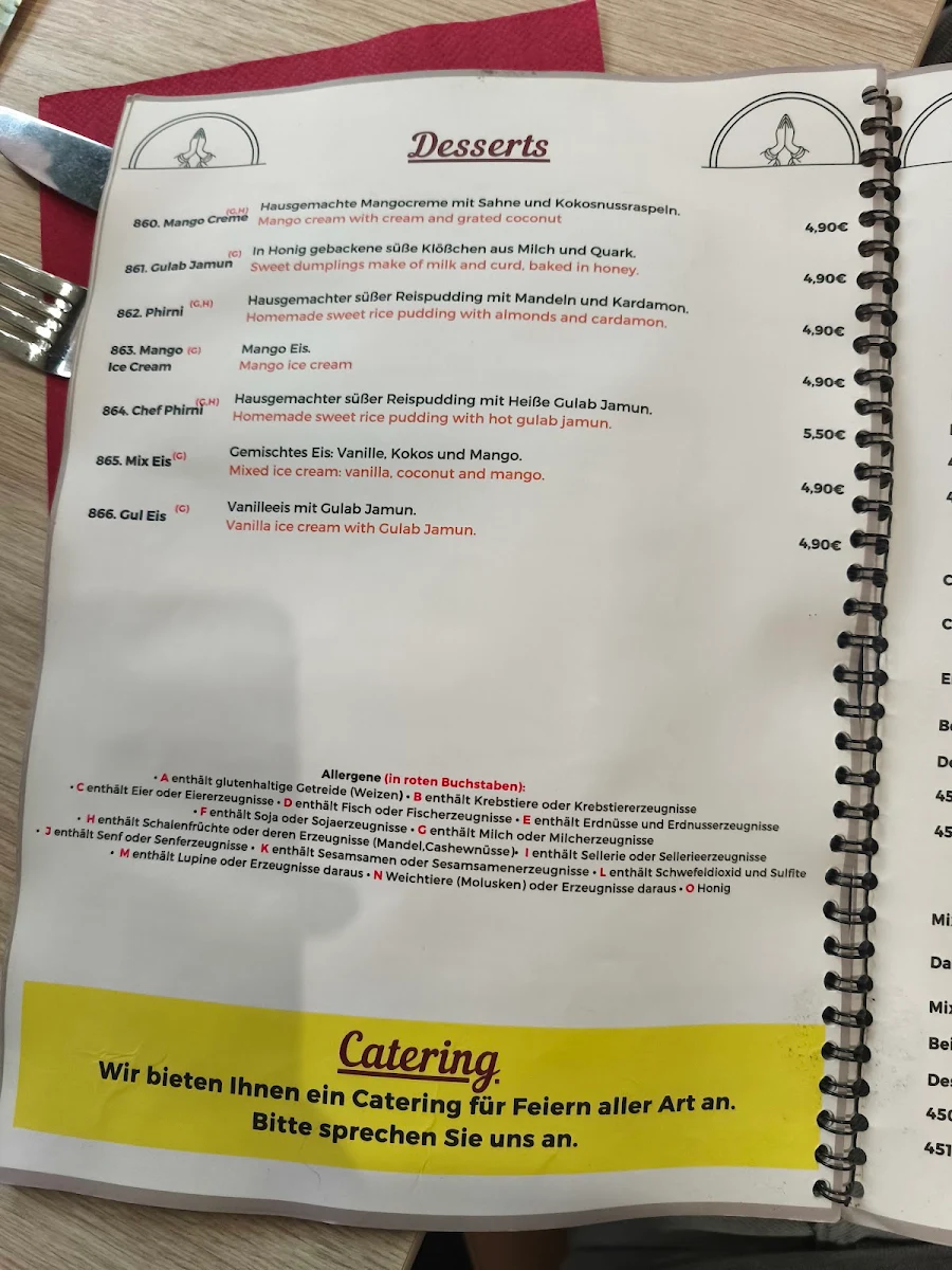 Speisekarte, Namaste Metzingen Indisches Restaurant
